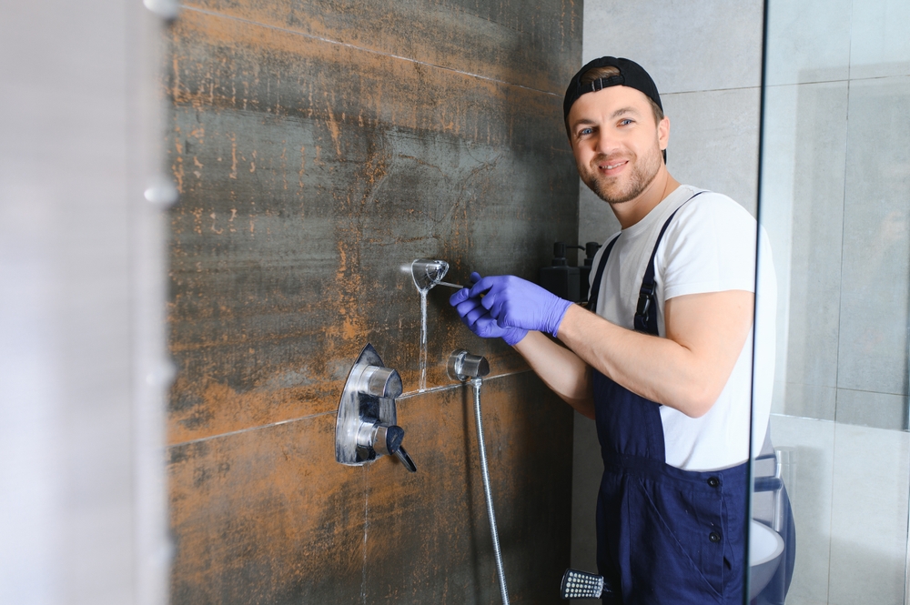 A plumber works on a rustic shower.